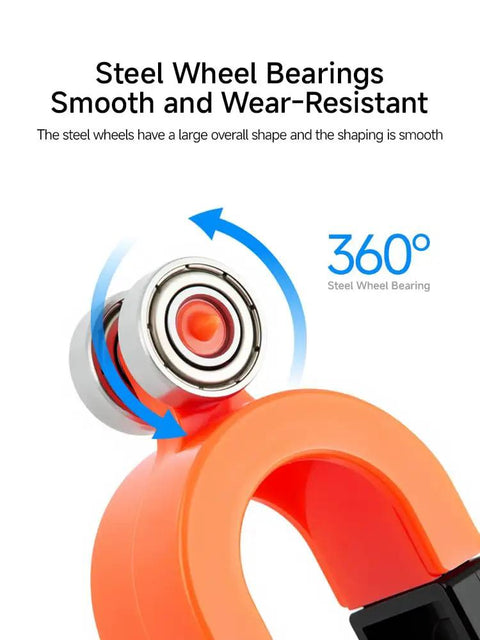 Steel wheel bearings on adjustable contour gauge, showcasing smooth 360° rotation, wear-resistant design and orange frame.