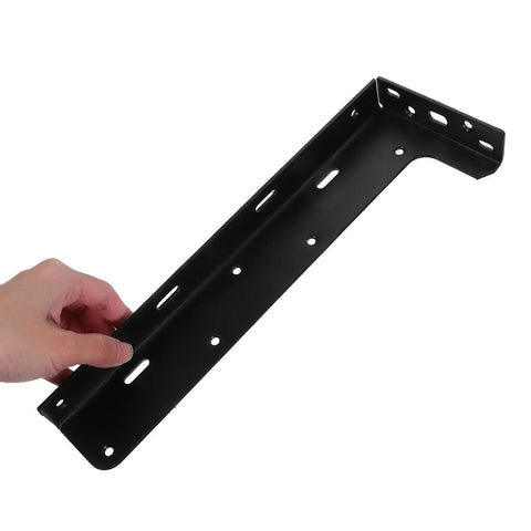 Heavy Duty Black Steel L Brackets For Floating Shelves, Wall Mounted Cabinet Support, Hidden Design For Bathroom And Home shown.
