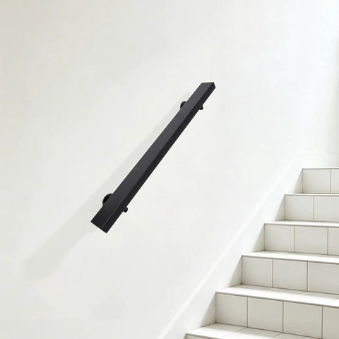 Flush Wall Mount Stair Handrail Heavy Duty Stainless Steel Safety Rail Sleek Modern Black Profile on white wall beside stairs.
