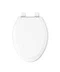 Top Shelf Elongated Toilet Seat With Silent Shut Lids And Seats in pristine white, top view showing design and mounting hardware.