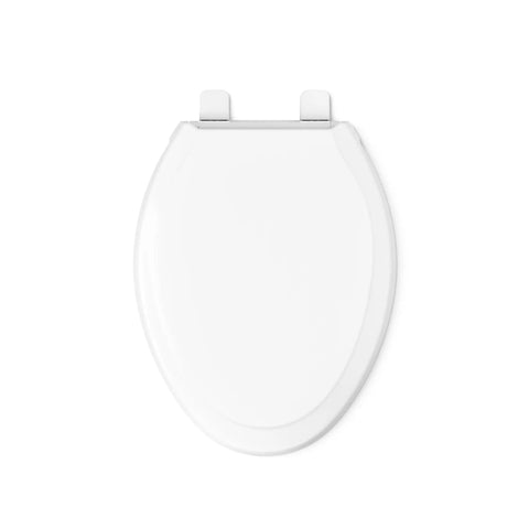 Top Shelf Elongated Toilet Seat With Silent Shut Lids And Seats in pristine white, top view showing design and mounting hardware.