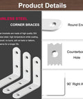 Product details for White 2.5 Inch Stainless Steel L Bracket 6 Pack Right Angle Corner Braces For Wood Shelves Cabinets Frames With Screws