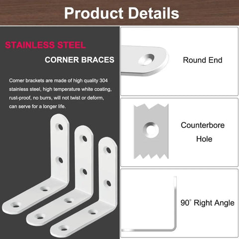 Product details for White 2.5 Inch Stainless Steel L Bracket 6 Pack Right Angle Corner Braces For Wood Shelves Cabinets Frames With Screws