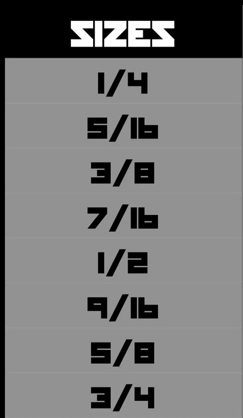 Sizes chart for Jumbo Allen Wrench Set 8 Piece Extra Large Hex Key Kit Go-To Heavy Duty Black Finish Includes 1/4 to 3/4 inch