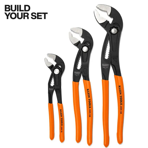 Three 7 Inch Adjustable Pliers With Quick Adjust Klaw Pump Pliers Design For Maximum Torque, black and orange, arranged by size.