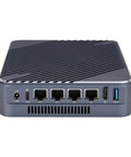 Rear view of Compact Intel Core I5 1135G7 Mini PC With 16GB DDR4 Ram And 128GB M2 Ssd displaying ports for networking and connectivity.