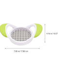 Potato cutter with stainless steel grid, white body and lime-green handles for square-cut fries.