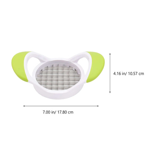 Potato cutter with stainless steel grid, white body and lime-green handles for square-cut fries.
