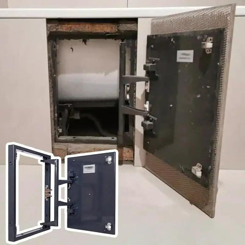 Heavy Duty Concealed Touch Latch Tile Access Panel For Drywall Seamless Flush Mount Plumbing Cover Wall Door Built Tough Galvanized Steel Slick Finish 24 X 40 Inch, open view highlighting access to plumbing.