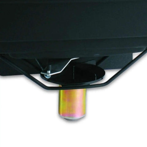 Close-up of ATV Food Plot Spreader With 50 Lb Capacity showcasing metal spinner and adjustable shut-off mechanism.
