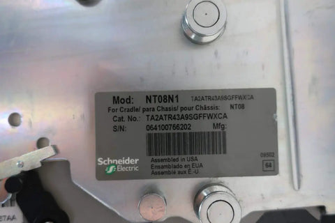 Masterpact Low Voltage Power Circuit Breaker 3 Pole 800 Amp 600 V AC Refurbished NT08N1 label showing specifications and serial number.