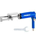Air Operated Dual Brake Caliper Piston Compressor Tool For Quick Brake Pad Replacement With Over 180 Pounds Of Pressure Pro Grade Pneumatic Caliper Tool For Easy Vehicle Brake Servicing showing blue handle and silver compressor head with wrench included.