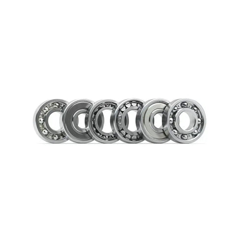 Hella Durable High Carbon Steel Miniature Flanged Ball Bearing Set 10 Piece Pack Includes 608zz 623 624 635 626 688zz, displayed in a row.
