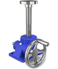 Heavy Duty Hand Cranked Worm Gear Screw Jack 441 Lbs Load Capacity Flange Mount For Bench Leveling, blue cast iron structure.