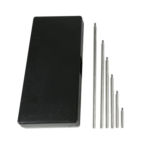 Six Piece Dial Indicator Extension Rod Set with rods from 1 to 6 inches stacked to 21 inches, high-speed steel construction, case visible.