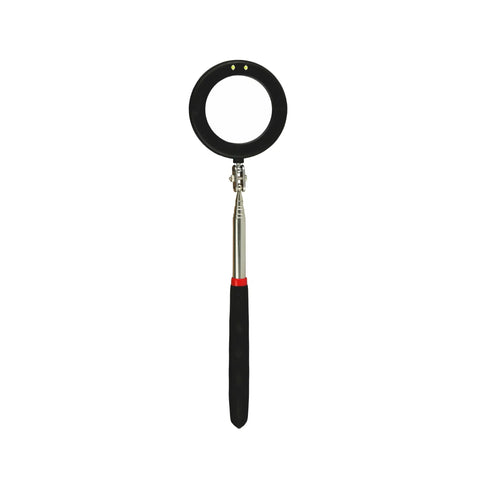 Front view of Telescoping Inspection Mirror With Two Lights, Circular mirror, extendable handle, black rubber grip for tight spaces.
