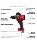 Professional Grade M18 Fuel Four Pack Cordless Power Tool Combo Kit Featuring Heavy Hitting One Half Drill with detailed features.