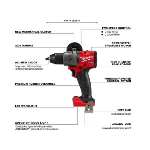Professional Grade M18 Fuel Four Pack Cordless Power Tool Combo Kit Featuring Heavy Hitting One Half Drill with detailed features.