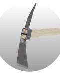 Close-up of One-Handed Hoe Pick Mattock for Breaking Tough Soil, Lightweight 12.7 oz with Wood Handle and S45C Blade, side view.