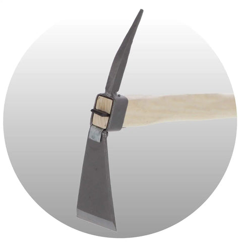 Close-up of One-Handed Hoe Pick Mattock for Breaking Tough Soil, Lightweight 12.7 oz with Wood Handle and S45C Blade, side view.