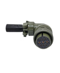 Front view of olive-green MIL-C circular connector with multi-pin insert and black cable