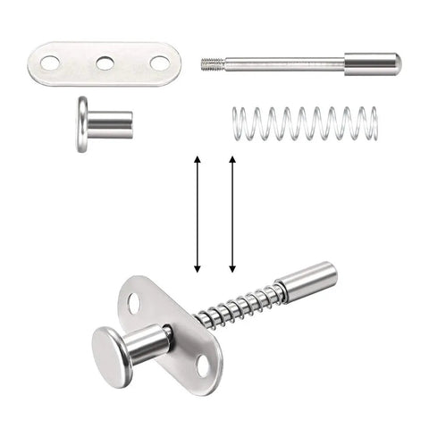 Premium Precision Heavy Duty Stainless Steel Plunger Latches Built Like A Tank For Cabinets Toolboxes Zero Hassle Quick Install With Mounting Screws Two Pack components including latch, spring, and mounting plate.