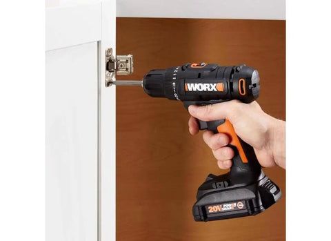 Using 20V Max Three-Eighths Inch Drill Driver With Power Share System, Variable Speed, all metal gears, on cabinet hinge