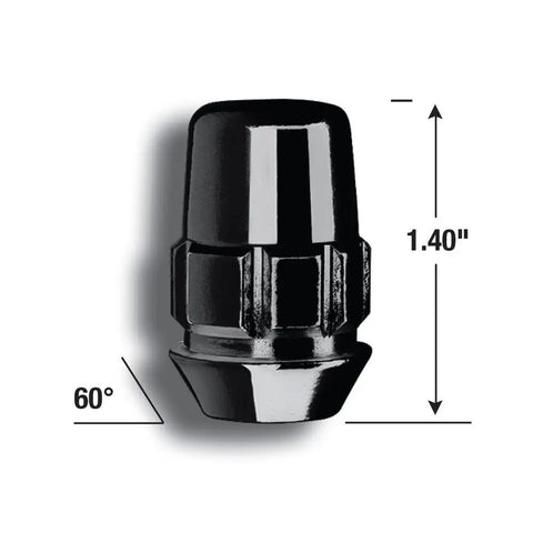 Super Tough Black Chrome Acorn Wheel Locks For 5 Lug Wheels With Half Inch Thread Size, 1.40-inch height, 60° angle view.