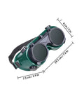 Four Pack Heavy Duty Welding Safety Goggles With Anti Scratch Coating And Double Flip Up Lenses for industrial use, 2.9in wide, green frames.