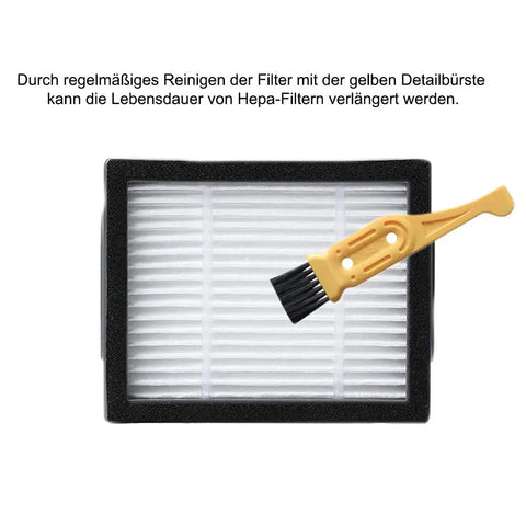 HEPA filter with yellow cleaning brush from All In One Replacement Accessory Kit For Your Robo Vac That Covers I3 I4 I7 I7 Plus E5 E6 E7 And J7 Series