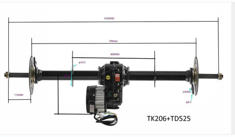 Beefy Rear Axle Kit With 72V 1500W Brushless Motor Differential for DIY vehicles, showing 40 inch rear axle shaft and dimensions.