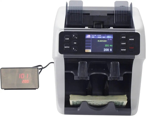 Heavy Duty Money Counter Machine With Smokin Fast Counterfeit Detector and Dual Pocket Value Bill Sorter for Mixed Denomination Cash showing digital screen and cash.