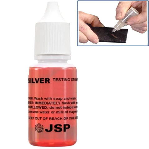 Waytest silver testing solution bottle with dropper inset, orange-red liquid for metal purity testing