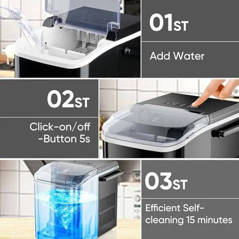 DUMOS black countertop ice maker with handle and transparent lid, compact home kitchen appliance