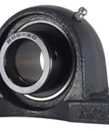 Heavy Duty 1-1/4 Inch Pillow Block Bearing with lock collar and grease zerk in cast iron housing for industrial use.