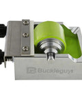 Heavy Duty Aluminum Leather Edge Paint Roller Featuring Spring Loaded Tension Knurled Handle For Tweaking Pressure And Knocking Out Killer Leather Finishes Fast, showing top view with green knurled roller.