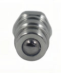 Close-up of chrome 1/2 inch ball valve quick-connect male coupler