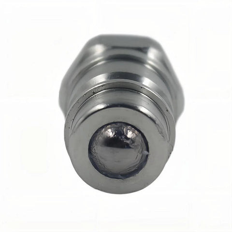 Close-up of chrome 1/2 inch ball valve quick-connect male coupler