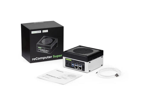 Edge AI Beast J4012 with NVIDIA Jetson Orin NX 16GB unit, box, cable, and manual on display for Vision AI, Robotics, Autonomous Machines.
