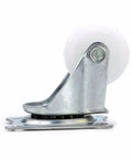 Built Tough Universal Swivel Casters Featuring Shock Resistant Ball Bearings White Nylon Roller Wheels shown from the side