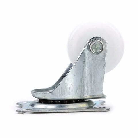 Built Tough Universal Swivel Casters Featuring Shock Resistant Ball Bearings White Nylon Roller Wheels shown from the side