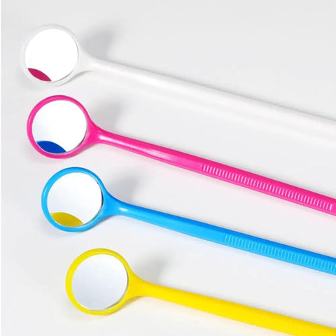 100 Count Disposable Dental Mouth Mirrors Kit, Anti Fog, Individually Wrapped Oral Inspection Mirrors In 4 Assorted Colors, Perfect For Dental Clinics Or Home Care, Hygienic And Easy To Use. Four colored disposable dental mouth mirrors on white background