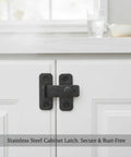 Heavy Duty Stainless Steel Slide Bolt Latch Locks Gates And Sheds Shut Tight Keeps Doors From Swinging Loose Rust Proof Security Hardware That Simply Stays Put, mounted on white cabinet doors.