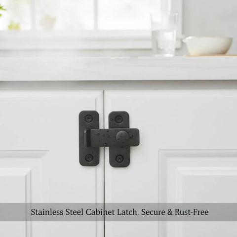 Heavy Duty Stainless Steel Slide Bolt Latch Locks Gates And Sheds Shut Tight Keeps Doors From Swinging Loose Rust Proof Security Hardware That Simply Stays Put, mounted on white cabinet doors.