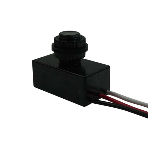 Outdoor Dusk To Dawn Photoelectric Sensor Switch with hard-wired design, black waterproof casing, and visible wiring for DC systems.