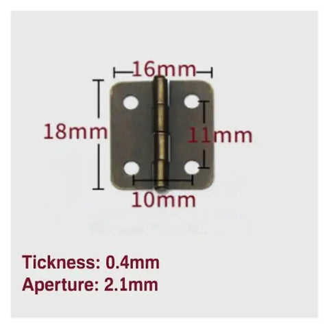 10 Pcs Mini Cabinet Drawer Butt Hinges Brass connectors for jewelry chests, dimensions: 18mm x 16mm x 11mm, thickness 0.4mm