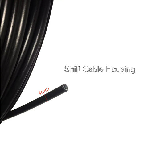 Close-up of 4mm x 50ft black bicycle shift cable housing with 50 end caps for smooth shifting durable rubber outer inner wire sleeve