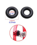 Two black silicone eyeglass hinge tightener rings, measuring 3.4mm and 6.8mm, for securing frames.