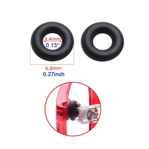 Two black silicone eyeglass hinge tightener rings, measuring 3.4mm and 6.8mm, for securing frames.