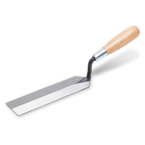 Margin Trowel 8 By 2 Inch Slim Flat Nosed Blade For Tight Corners Spreading Mortar And Tile Adhesive Pro Grade High Carbon Steel With Wood Handle Built Tough For Grout Jobs Made In USA, angled view